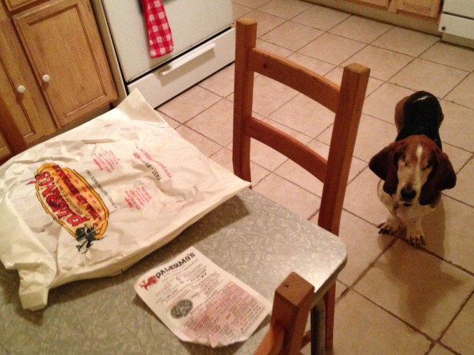 Ernie with Pizza in Bag and Menu from Palermo's - Logan Square, Chicago - December 19, 2014