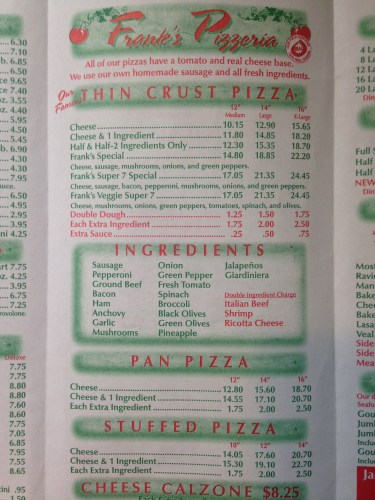 Frank's menu pizza listings