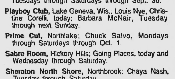 Playboy Club, Lake Geneva; Sabre Room, Hickory Hills; Sheraton North Shore, Northbrook - Perry's Pizza Joynt, Northlake, Illinois - Chicago Pizza Hound - Supper Clubs, Nightclubs, and Lounges