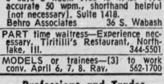 Waitress at Tiritilli's Restaurant, Northlake - Chicago Tribune, March 24, 1971