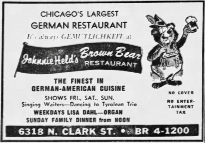 Lisa Dahl, Organ at Johnnie Held's Brown Bear Restaurant, 6318 N. Clark St. - Chicago Tribune, October 27, 1966