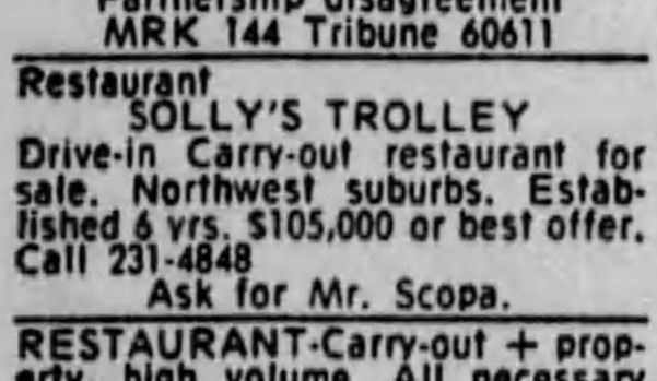 Solly's Trolley For Sale - Chicago Tribune, July 29, 1979