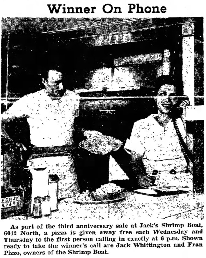 Winner On Phone - Jack Whittington and Fran Pizzo, Jack's Shrimp Boat - The Garfieldian, October 8, 1958