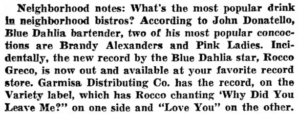 Bartender John Danatello, Rocco Greco's New Record on Variety, at the Blue Dahlia, 5640 W. North Ave. - The Garfieldian, June 8, 1960