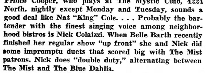 Bartender Nick Colaizzi, Belle Barth at the Blue Dahlia and the Mist, Prince Cooper at the Mystic Club - The Garfieldian, July 7, 1960