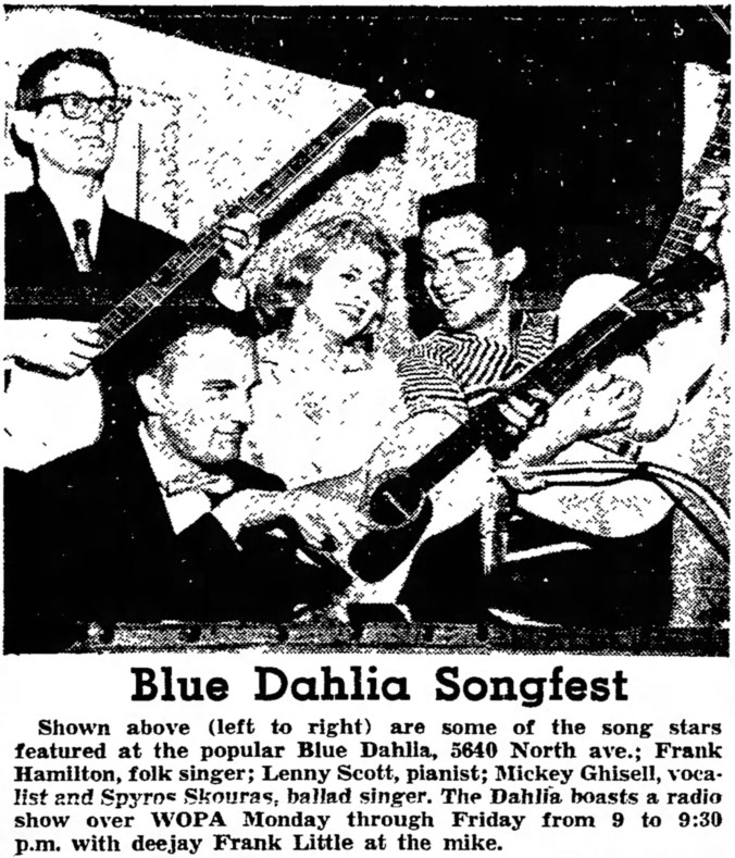 Frank Hamilton, Lenny Scott, Mickey Ghisell, Spyros Skouras at the Blue Dahlia 5640 W. North Ave. (WOPA Radio Show with Frank Little) - The Garfieldian, June 24, 1959