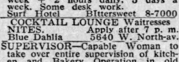 Cocktail Lounge Waitresses Nites at Blue Dahlia, 5640 W. North Ave. - Chicago Tribune, November 23, 1958