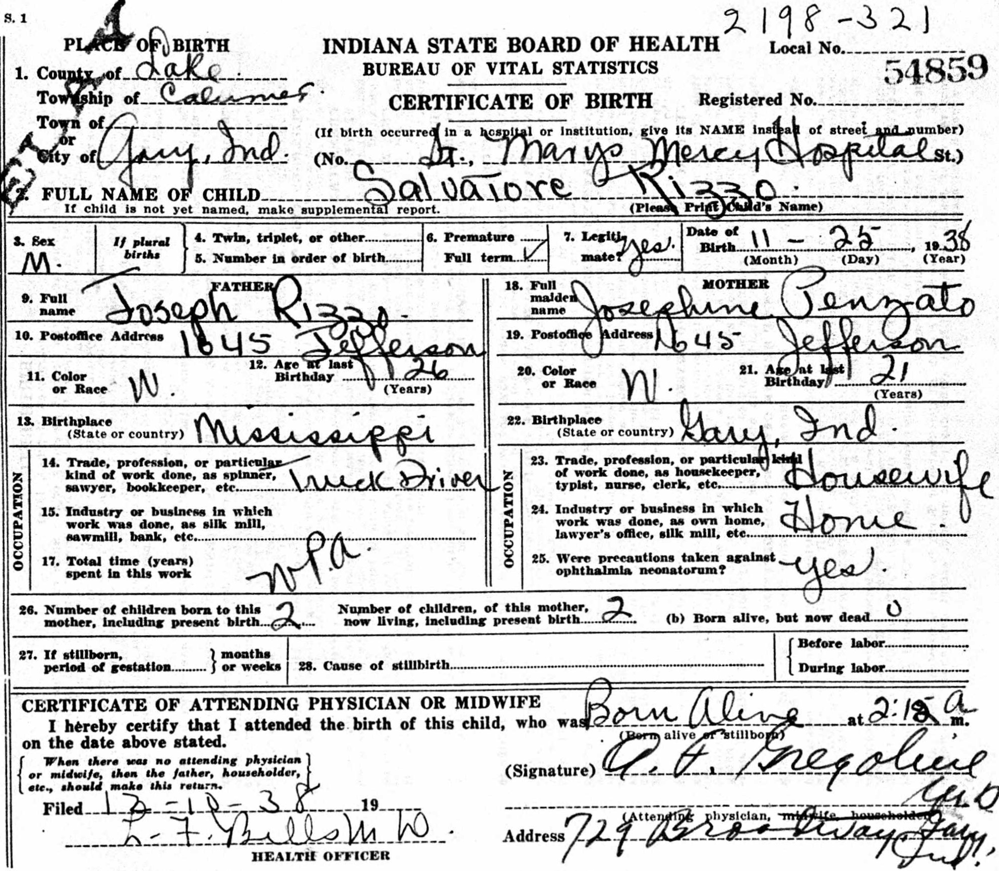 Salvatore (Sam) Rizzo, 1938-2016, Birth Certificate