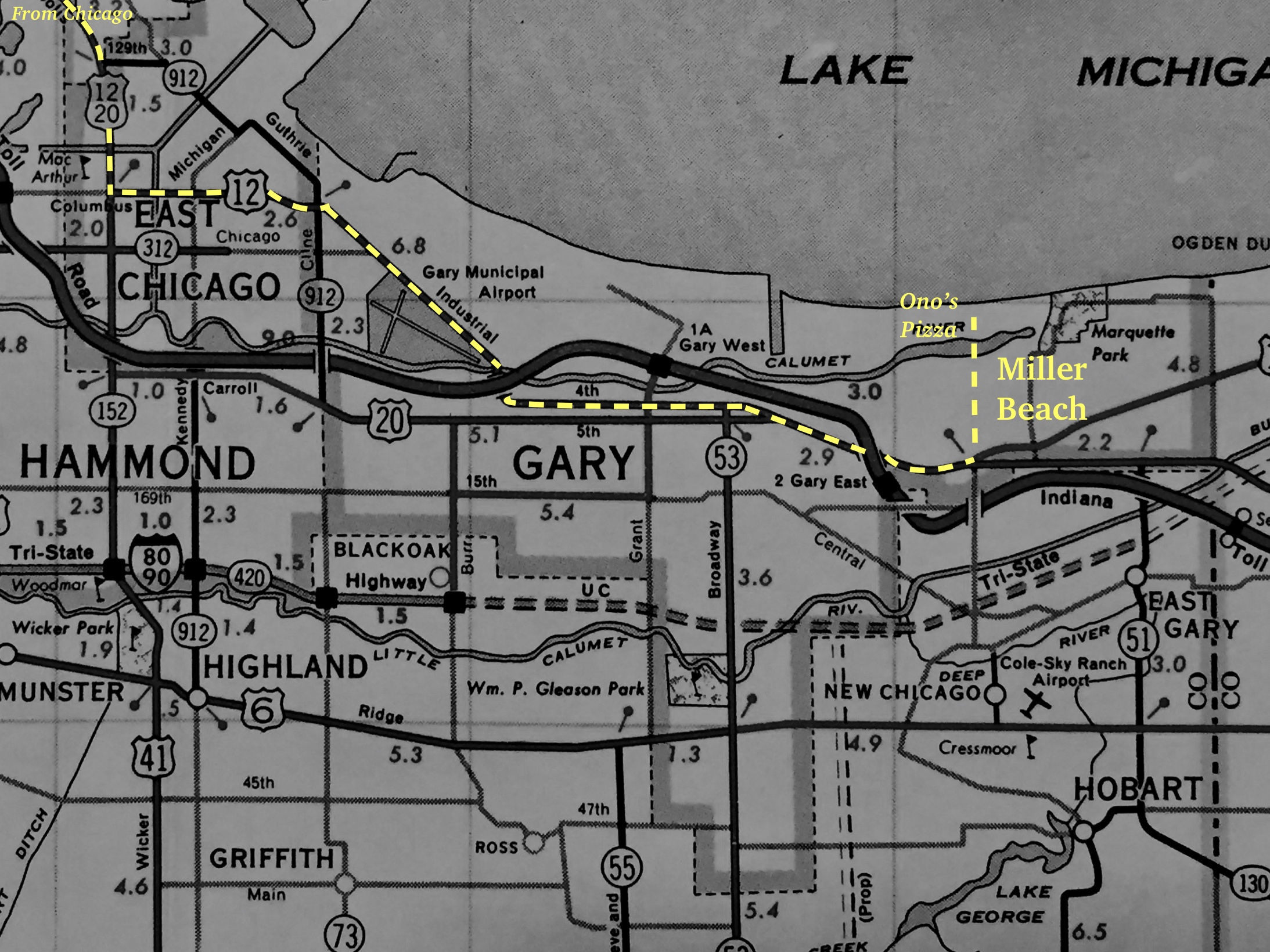 Map of Trip From Chicago to Ono's Pizza in Miller Beach, Gary, Indiana