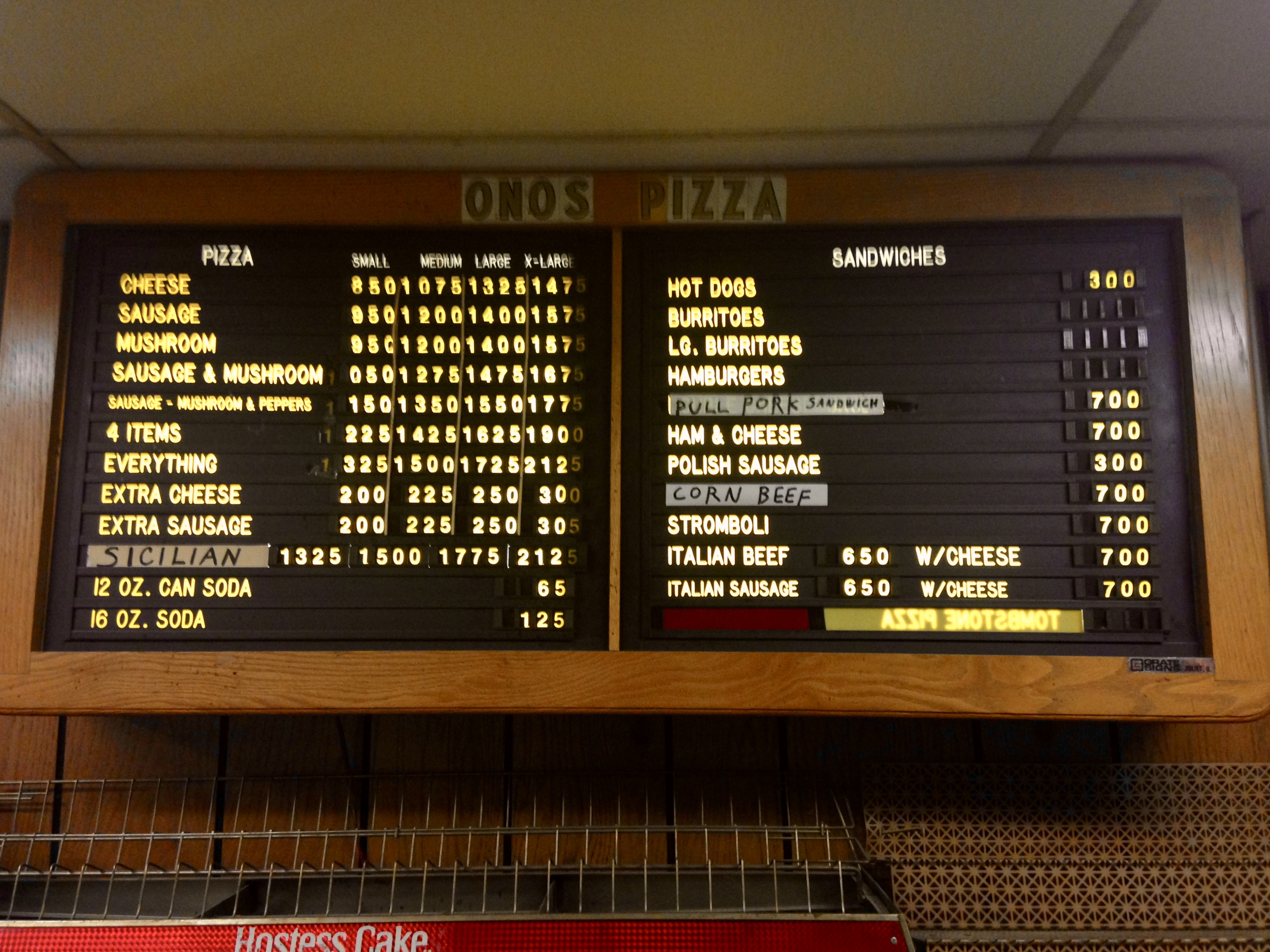 Wall Menu Inside Ono's Pizza - Miller Beach, Gary, Indiana - December 20, 2014